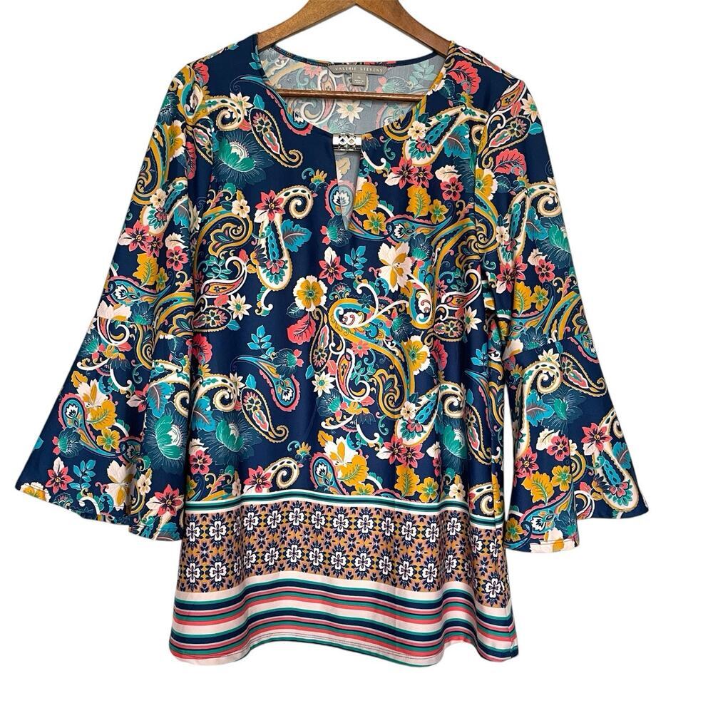 Valerie Stevens Bell Sleeve‎ Colorful Cutout Top Spring Boho Artsy Size XL